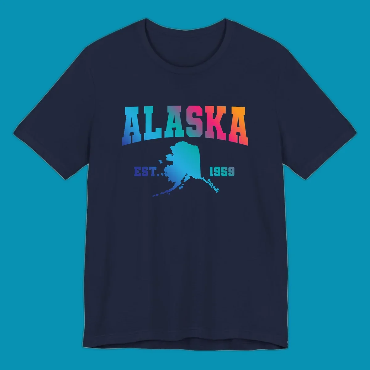 Colorful Alaska established 1959 design with gradient text and state map silhouette for cruise shirts