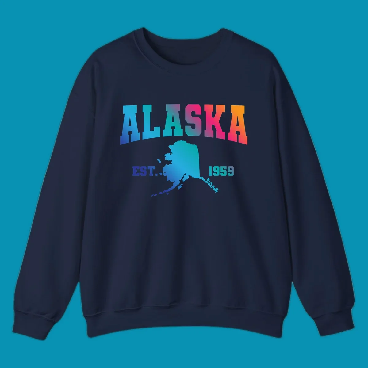 Colorful Alaska established 1959 design with gradient text and state map silhouette for cruise shirts