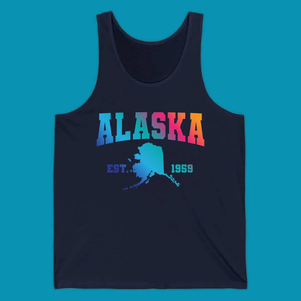 Colorful Alaska established 1959 design with gradient text and state map silhouette for cruise shirts