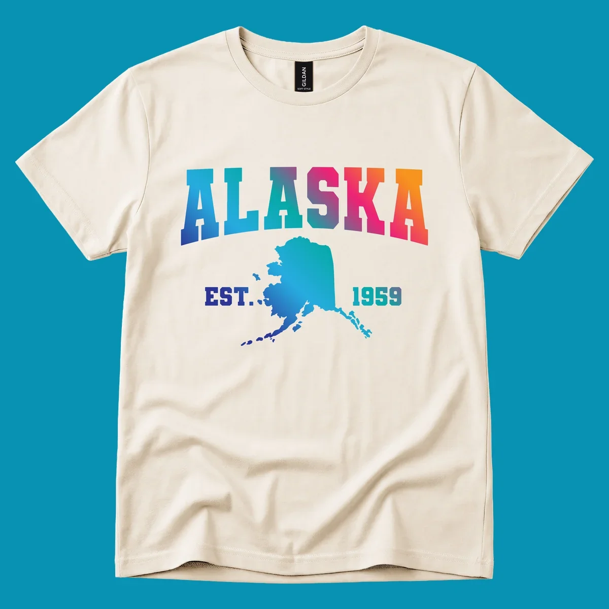 Colorful Alaska established 1959 design with gradient text and state map silhouette for cruise shirts