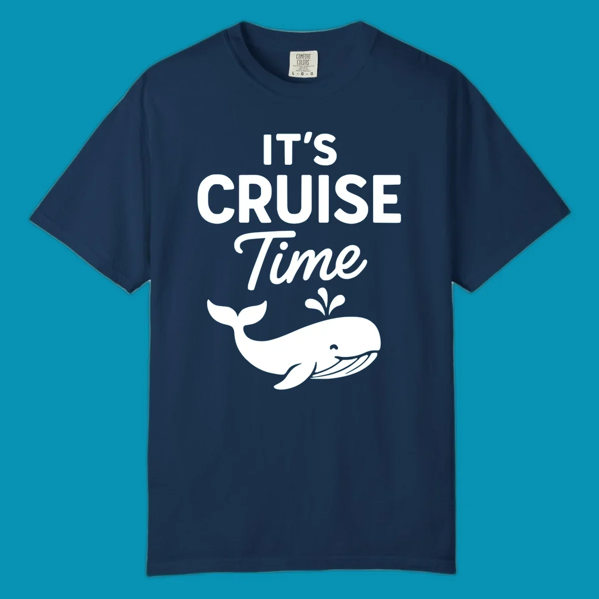 White text reading "IT'S CRUISE Time" with a smiling whale illustration spouting water below on gray background.