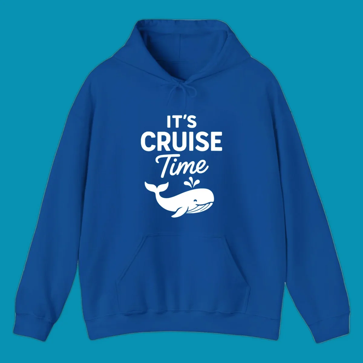 White text reading "IT'S CRUISE Time" with a smiling whale illustration spouting water below on gray background.
