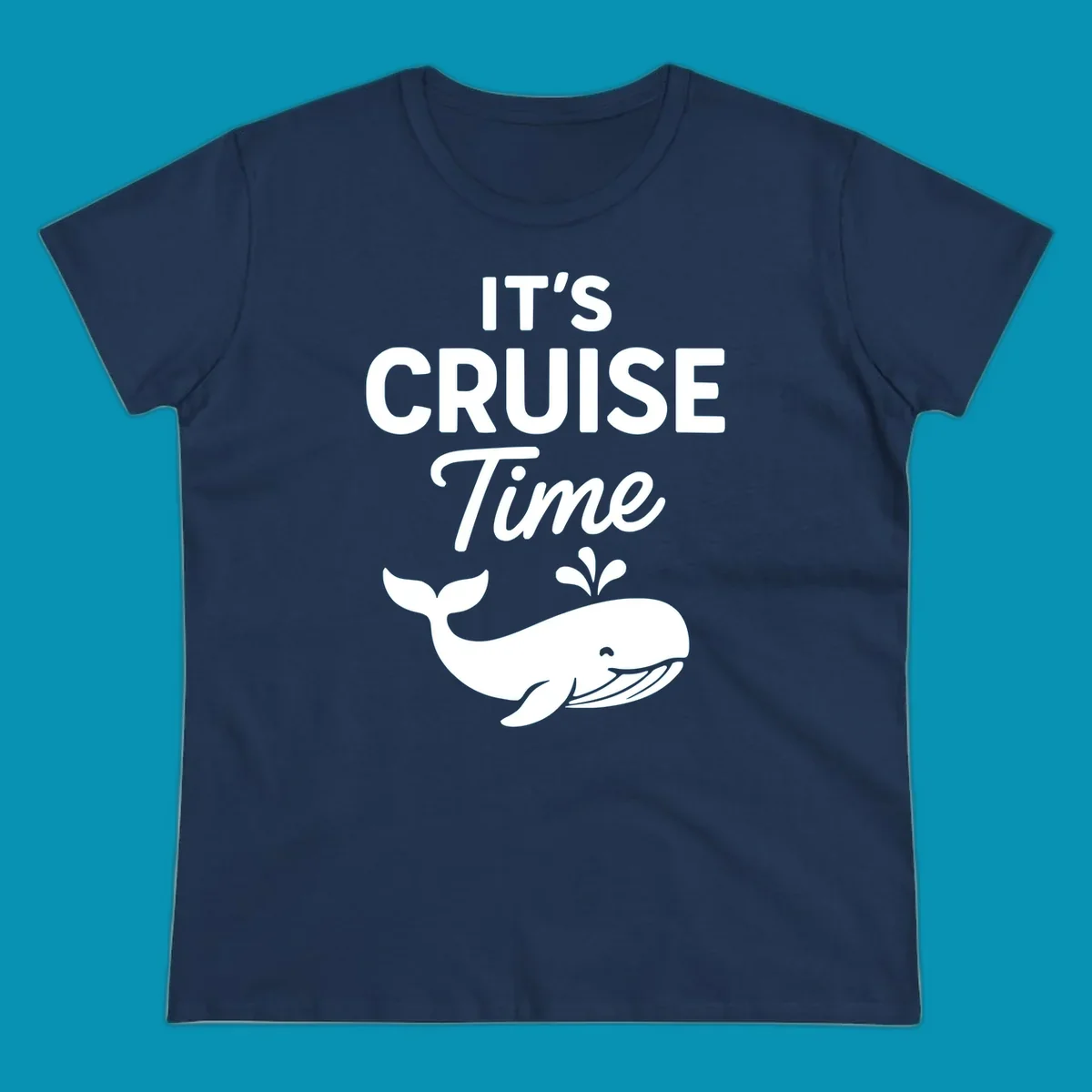 White text reading "IT'S CRUISE Time" with a smiling whale illustration spouting water below on gray background.