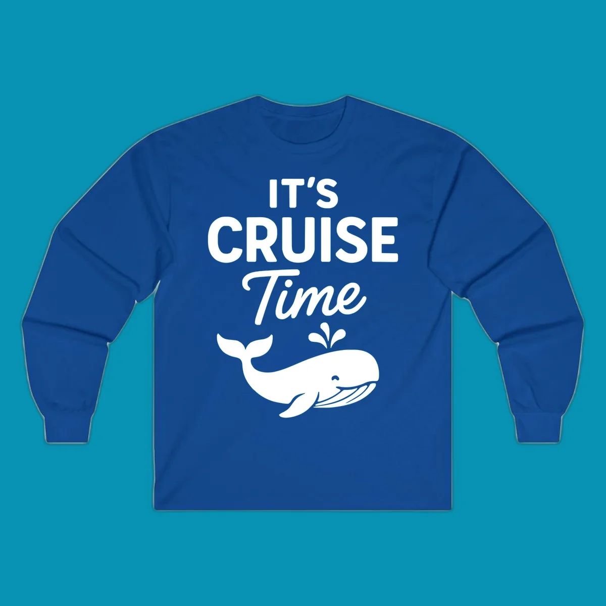 White text reading "IT'S CRUISE Time" with a smiling whale illustration spouting water below on gray background.