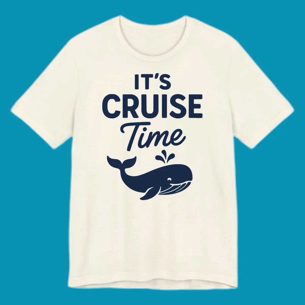 White text reading "IT'S CRUISE Time" with a smiling whale illustration spouting water below on gray background.