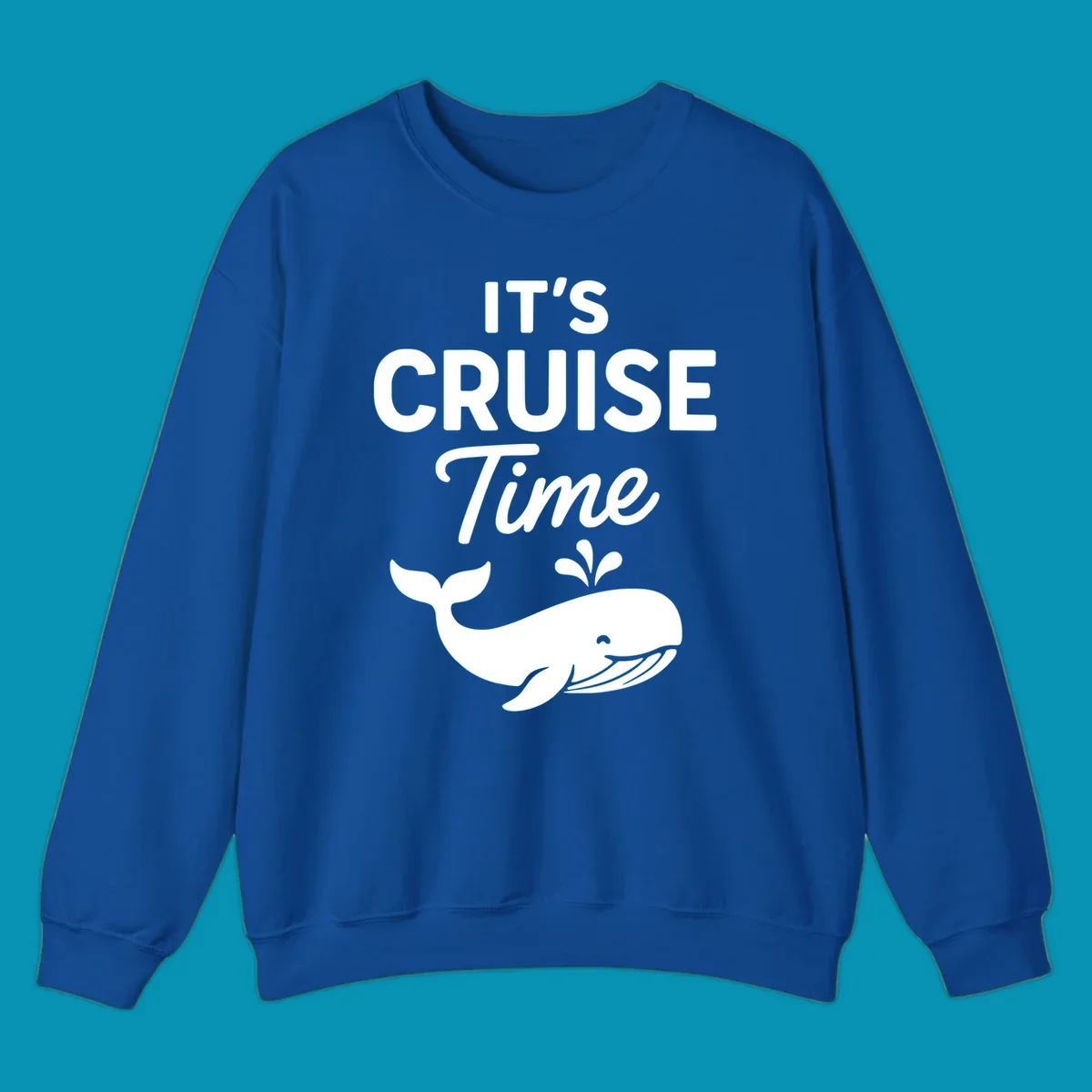 White text reading "IT'S CRUISE Time" with a smiling whale illustration spouting water below on gray background.