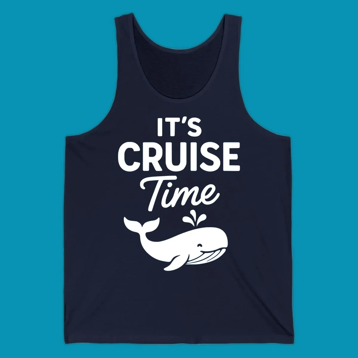 White text reading "IT'S CRUISE Time" with a smiling whale illustration spouting water below on gray background.