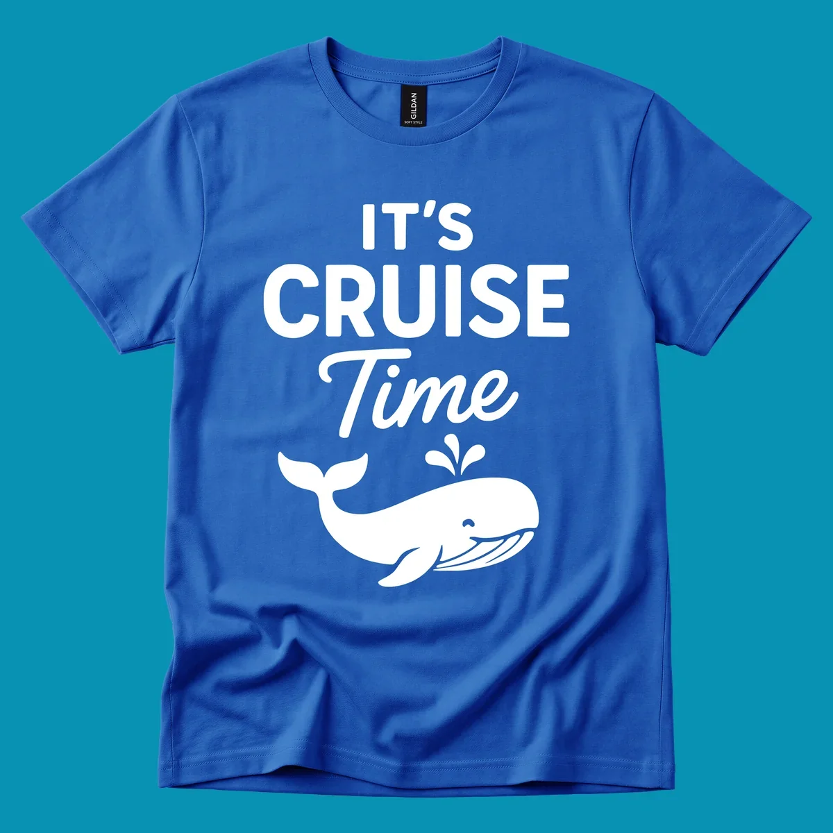 White text reading "IT'S CRUISE Time" with a smiling whale illustration spouting water below on gray background.