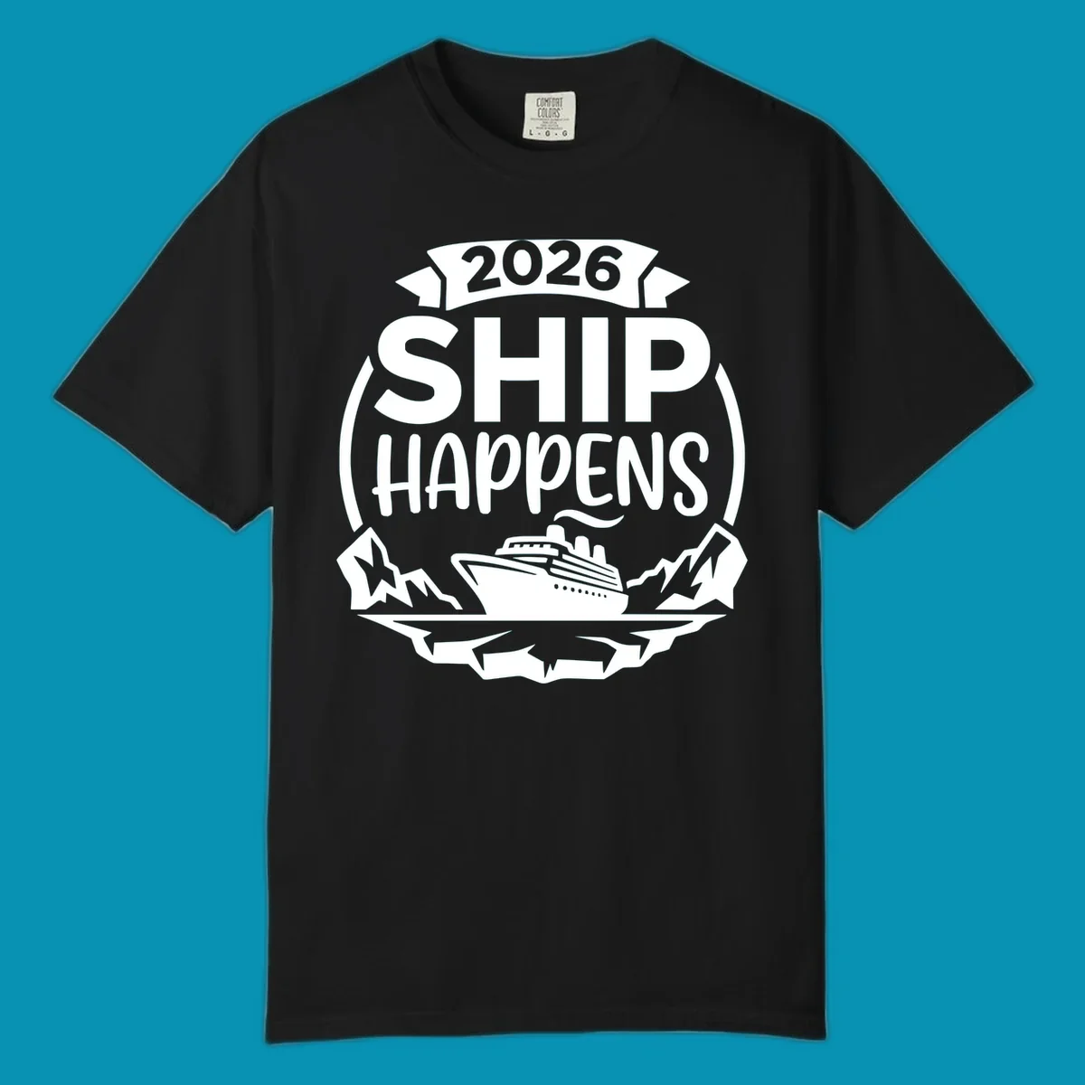 Ship Happens 2026 cruise badge design with ocean liner, mountains, stars, and decorative emblem frame