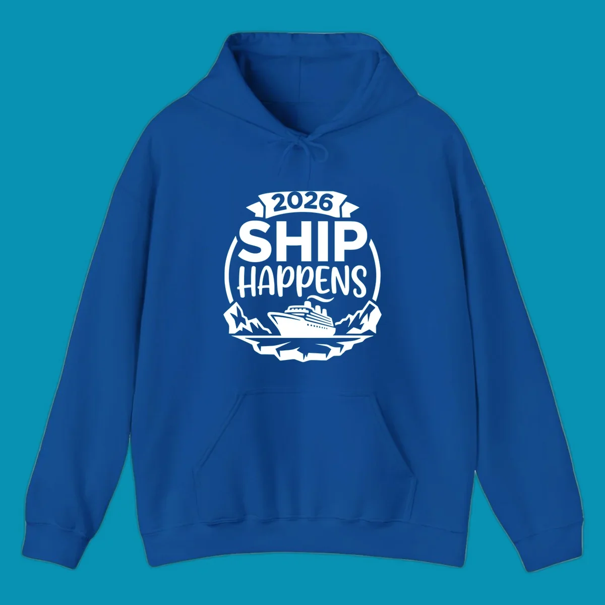 Ship Happens 2026 cruise badge design with ocean liner, mountains, stars, and decorative emblem frame