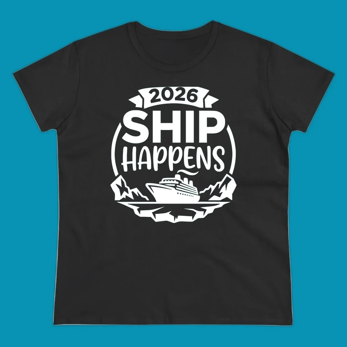 Ship Happens 2026 cruise badge design with ocean liner, mountains, stars, and decorative emblem frame