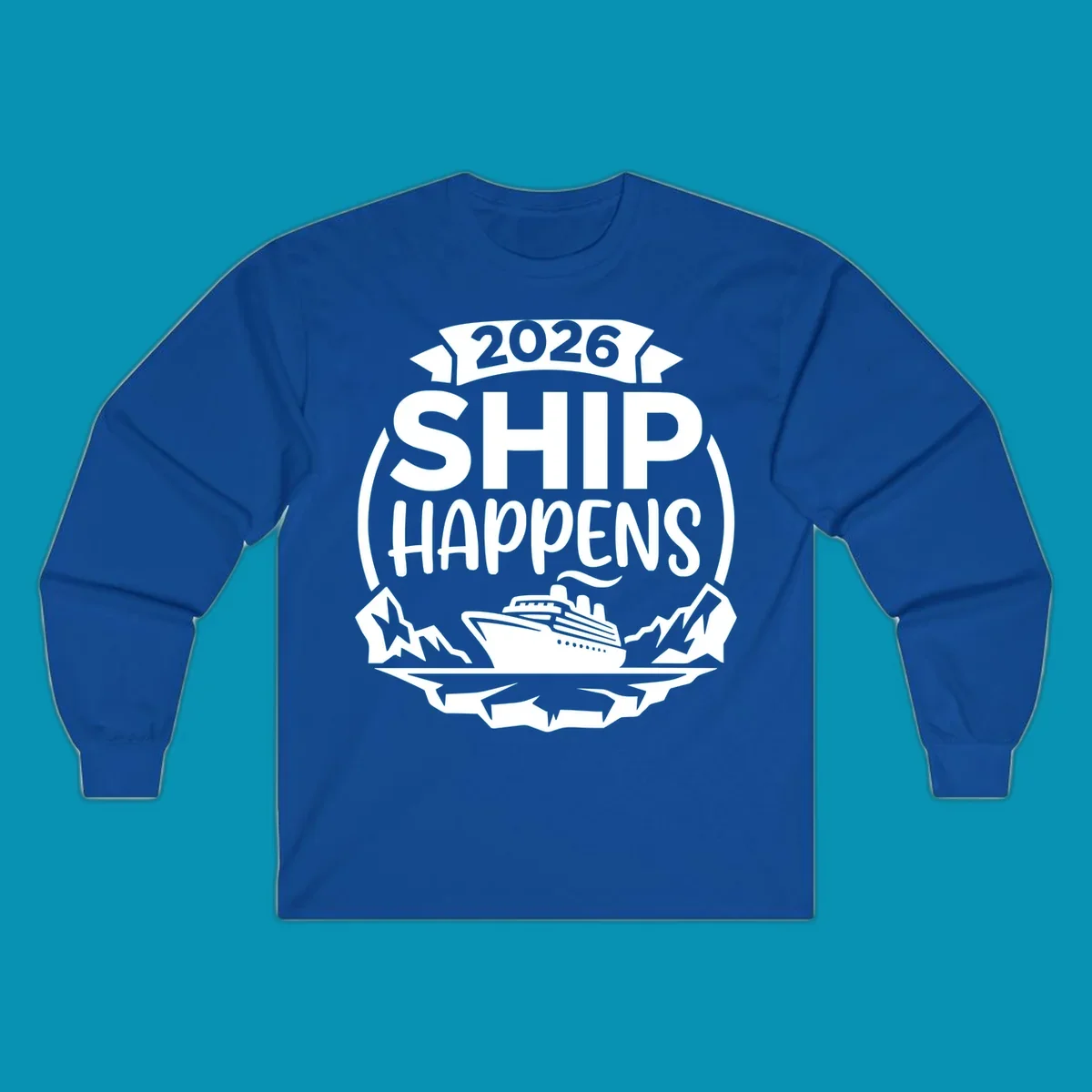Ship Happens 2026 cruise badge design with ocean liner, mountains, stars, and decorative emblem frame