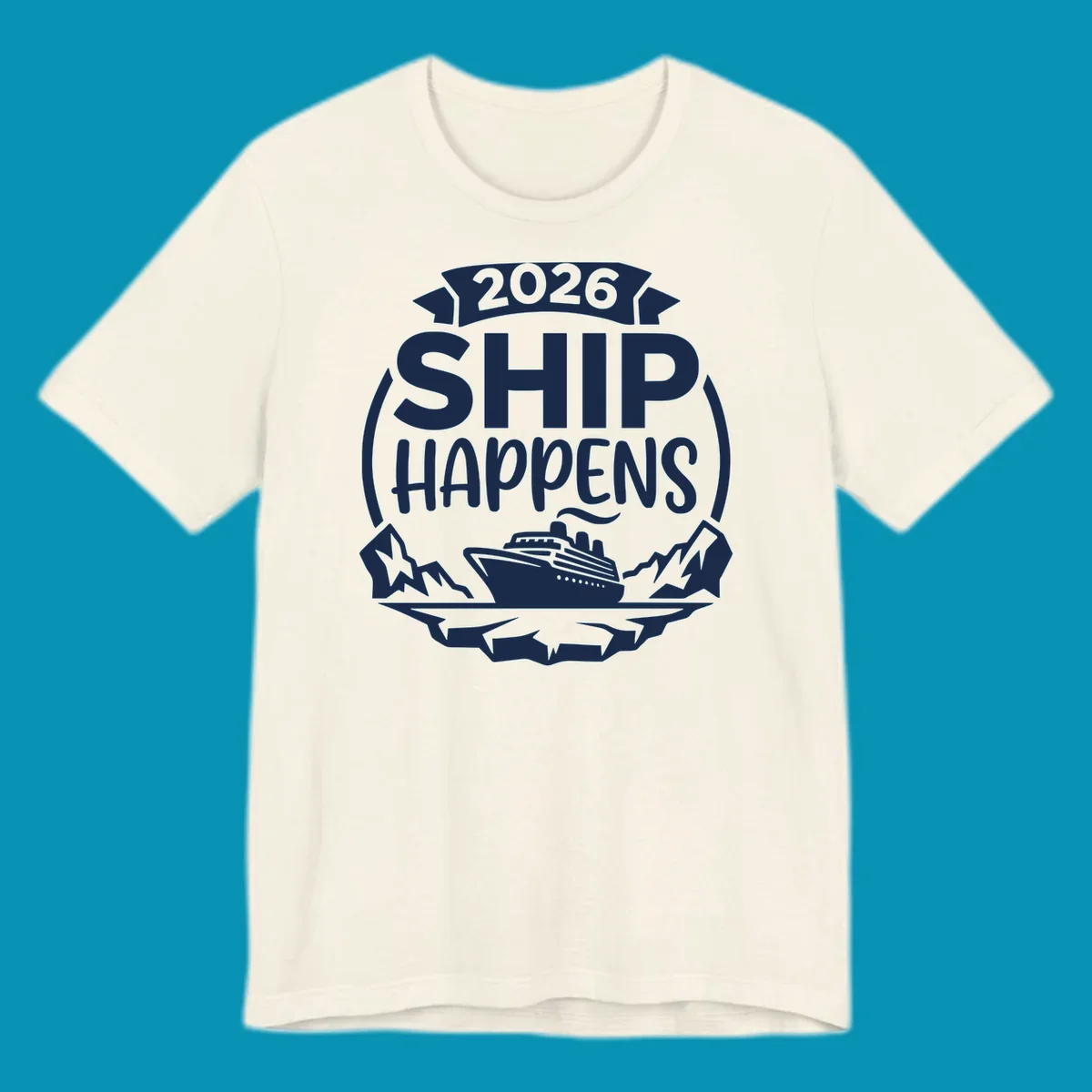 Ship Happens 2026 cruise badge design with ocean liner, mountains, stars, and decorative emblem frame