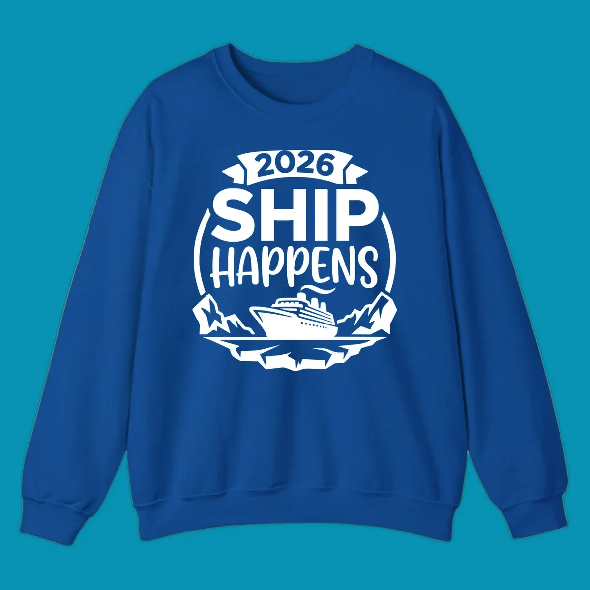 Ship Happens 2026 cruise badge design with ocean liner, mountains, stars, and decorative emblem frame