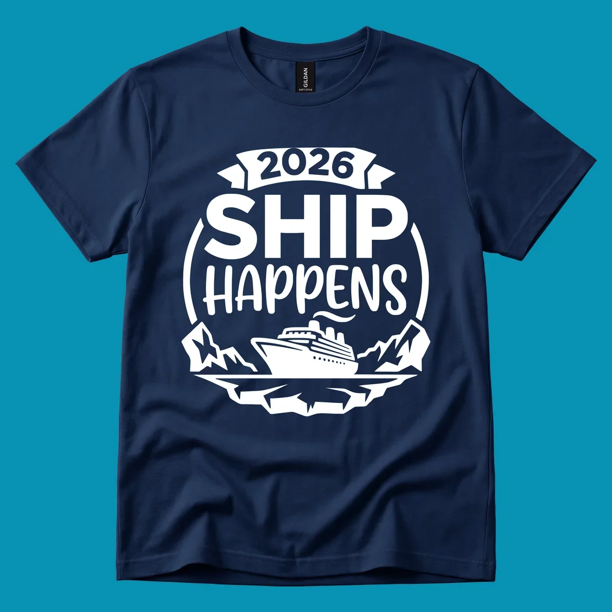 Ship Happens 2026 cruise badge design with ocean liner, mountains, stars, and decorative emblem frame