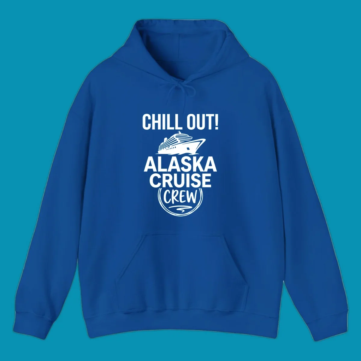Chill Out Alaska Cruise Crew design with cruise ship illustration in circular badge frame on gray background