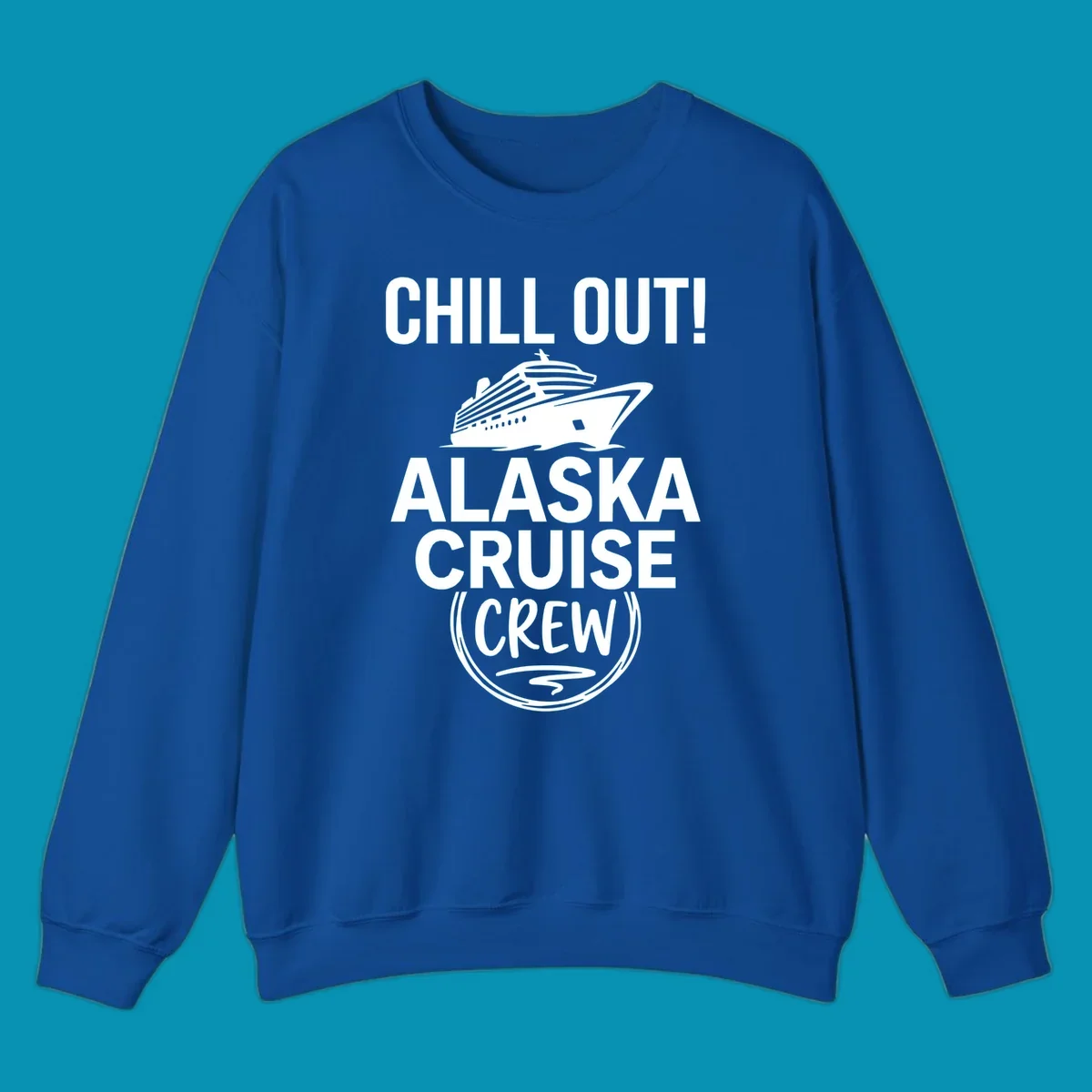 Chill Out Alaska Cruise Crew design with cruise ship illustration in circular badge frame on gray background