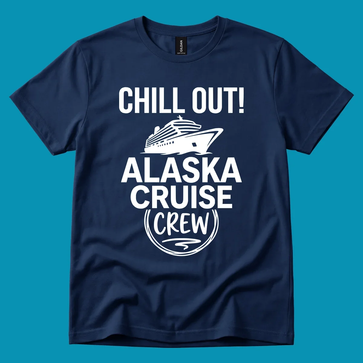 Chill Out Alaska Cruise Crew design with cruise ship illustration in circular badge frame on gray background