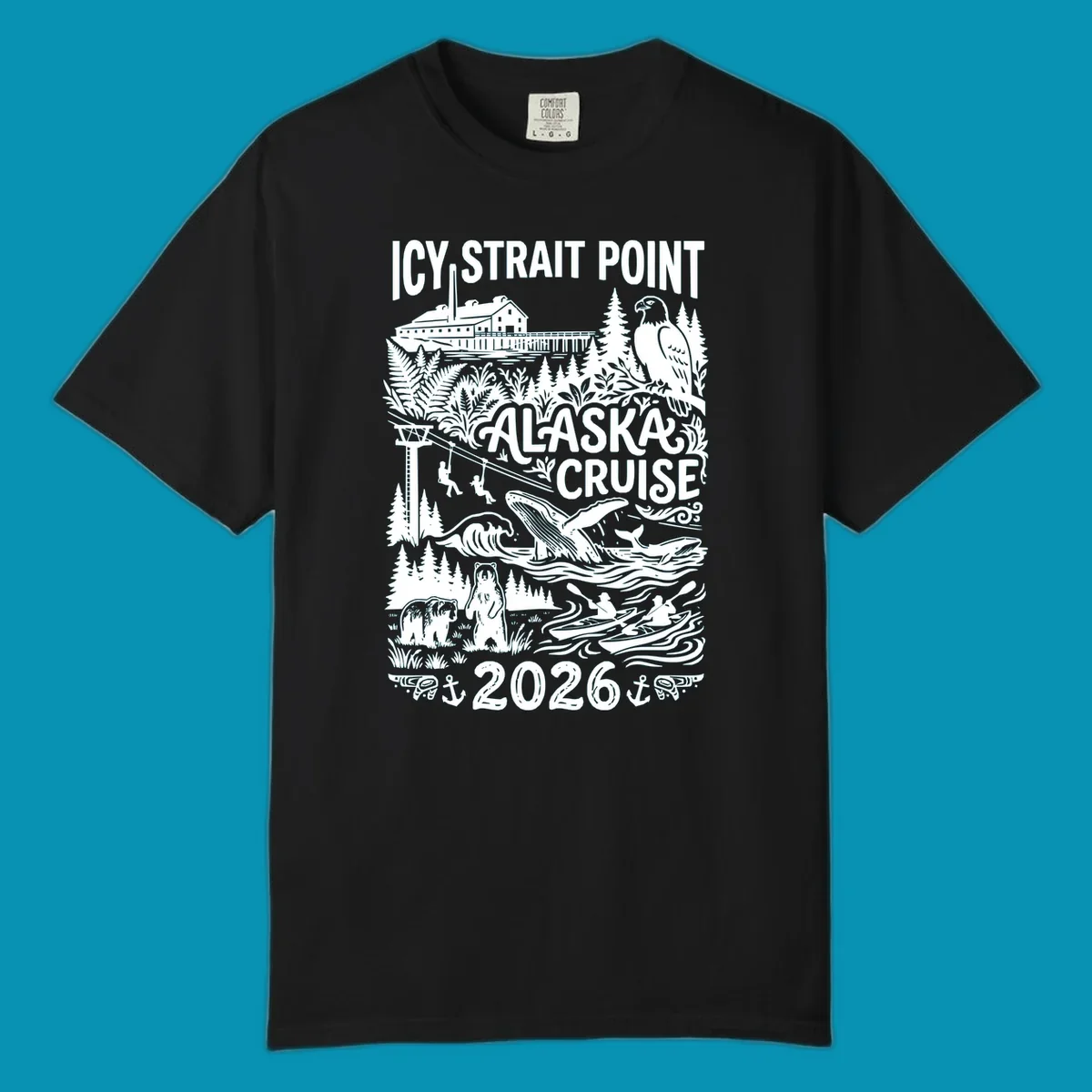 Vintage monochrome design of Icy Strait Point Alaska cruise featuring steamship, bald eagle, breaching whale, bears, zipliners, and forest scenery with 2026 date.