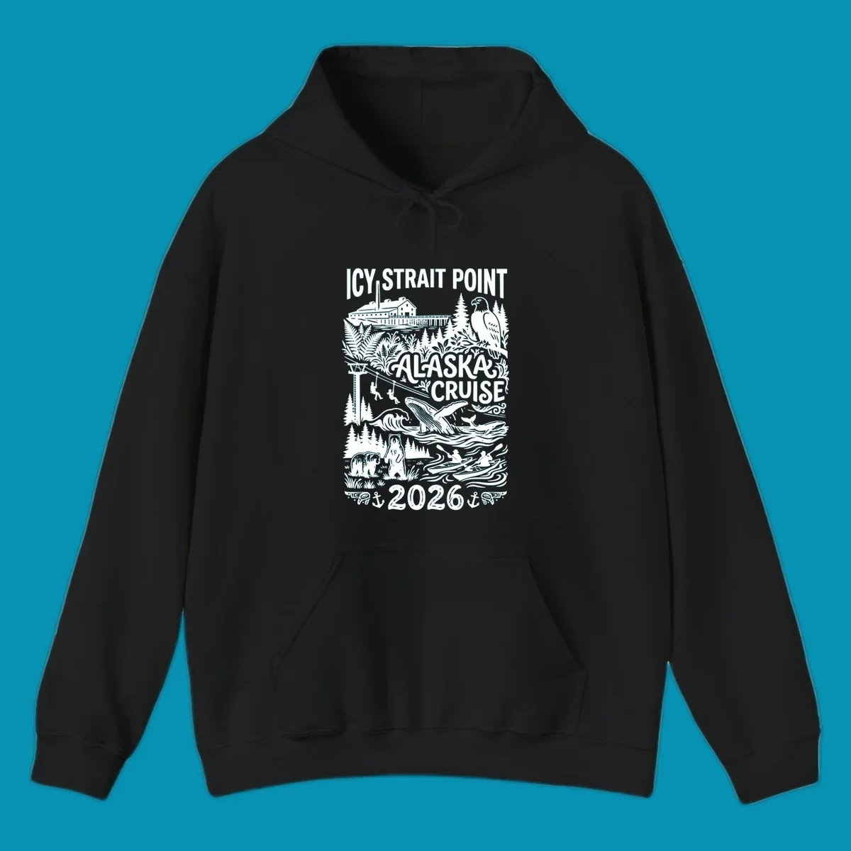 Vintage monochrome design of Icy Strait Point Alaska cruise featuring steamship, bald eagle, breaching whale, bears, zipliners, and forest scenery with 2026 date.