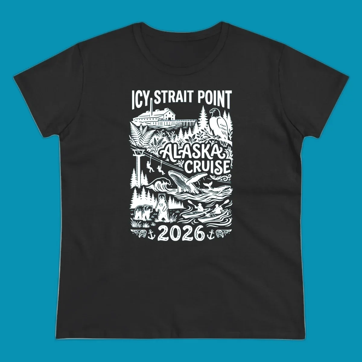 Vintage monochrome design of Icy Strait Point Alaska cruise featuring steamship, bald eagle, breaching whale, bears, zipliners, and forest scenery with 2026 date.
