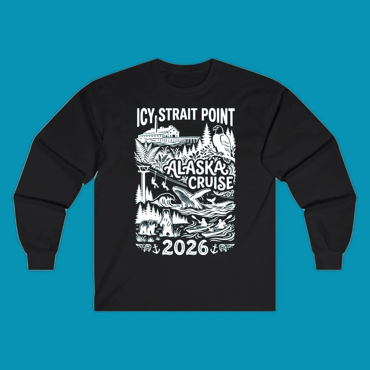 Vintage monochrome design of Icy Strait Point Alaska cruise featuring steamship, bald eagle, breaching whale, bears, zipliners, and forest scenery with 2026 date.