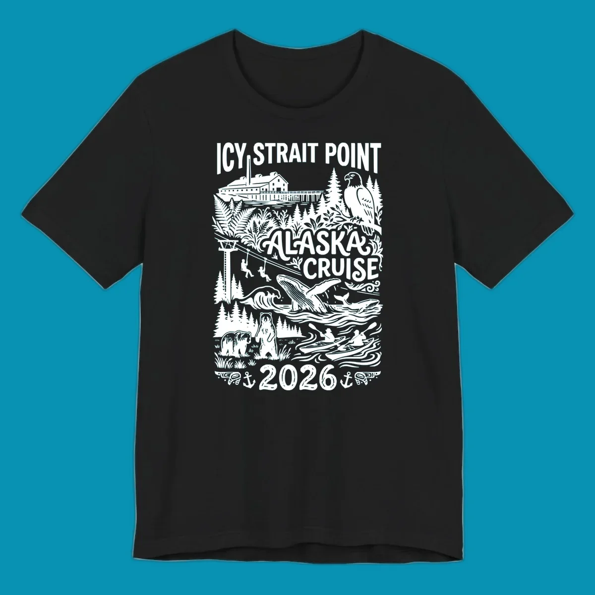 Vintage monochrome design of Icy Strait Point Alaska cruise featuring steamship, bald eagle, breaching whale, bears, zipliners, and forest scenery with 2026 date.