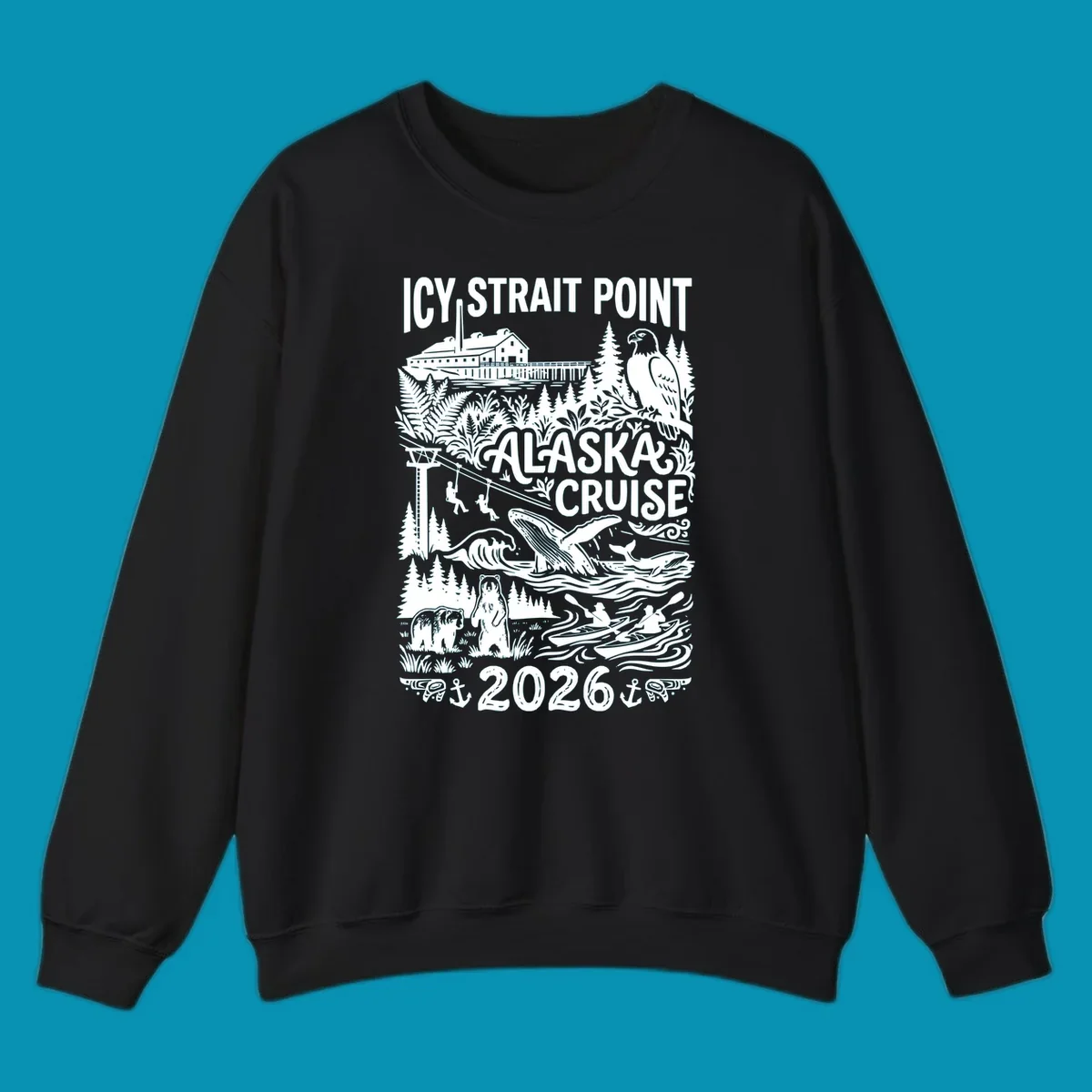 Vintage monochrome design of Icy Strait Point Alaska cruise featuring steamship, bald eagle, breaching whale, bears, zipliners, and forest scenery with 2026 date.