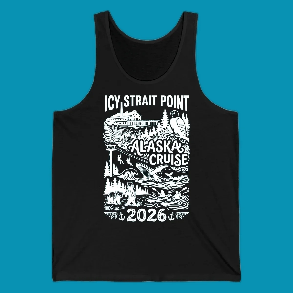 Vintage monochrome design of Icy Strait Point Alaska cruise featuring steamship, bald eagle, breaching whale, bears, zipliners, and forest scenery with 2026 date.