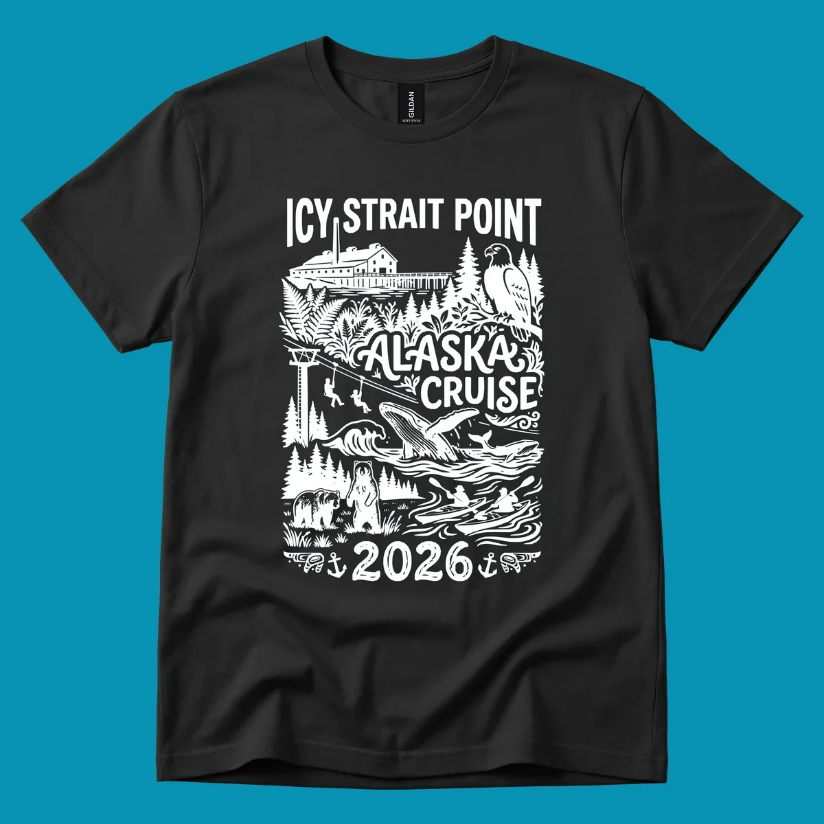 Vintage monochrome design of Icy Strait Point Alaska cruise featuring steamship, bald eagle, breaching whale, bears, zipliners, and forest scenery with 2026 date.