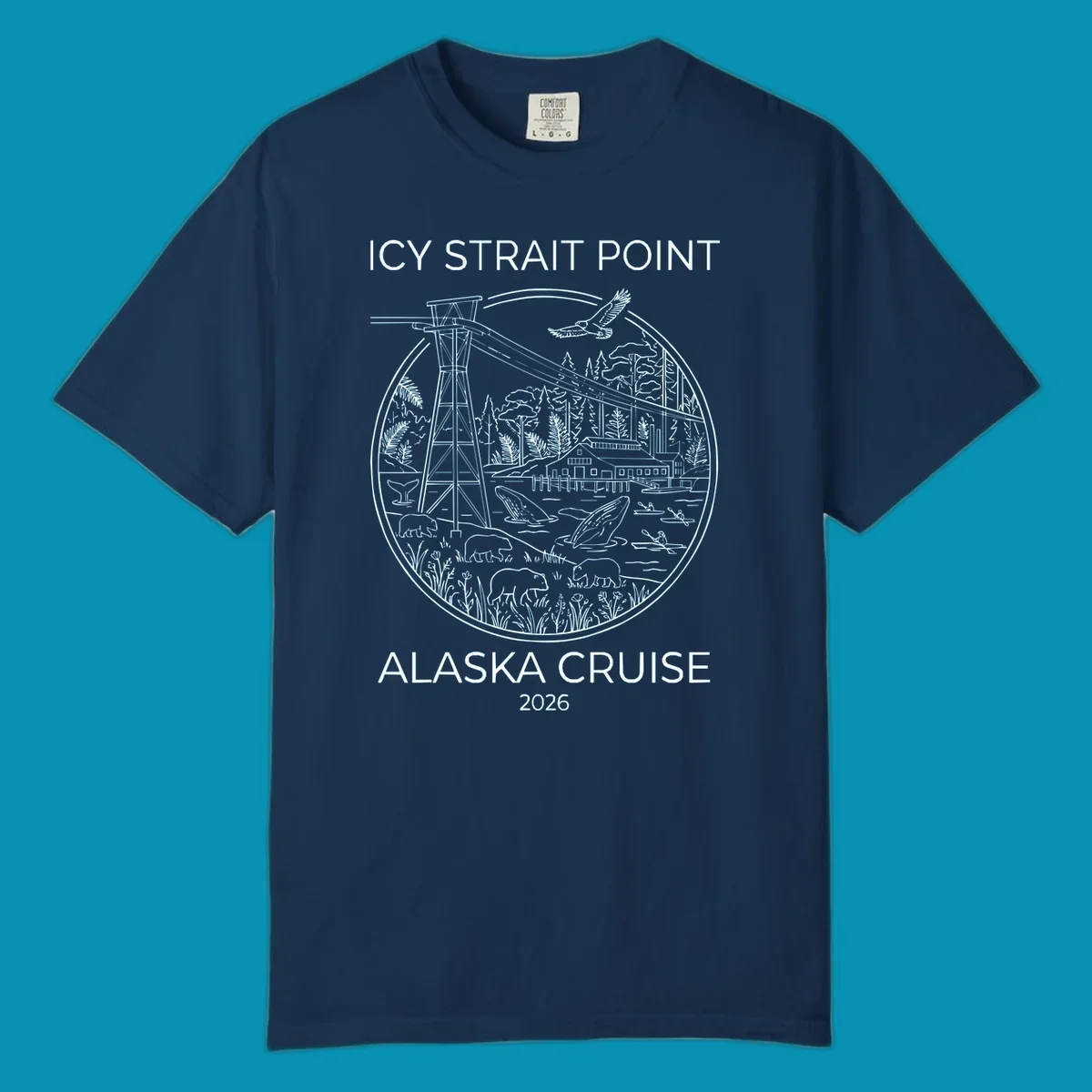 Circular line-art illustration of Icy Strait Point wildlife including lighthouse, bears, whales, bald eagle, kayakers, and forest landscape