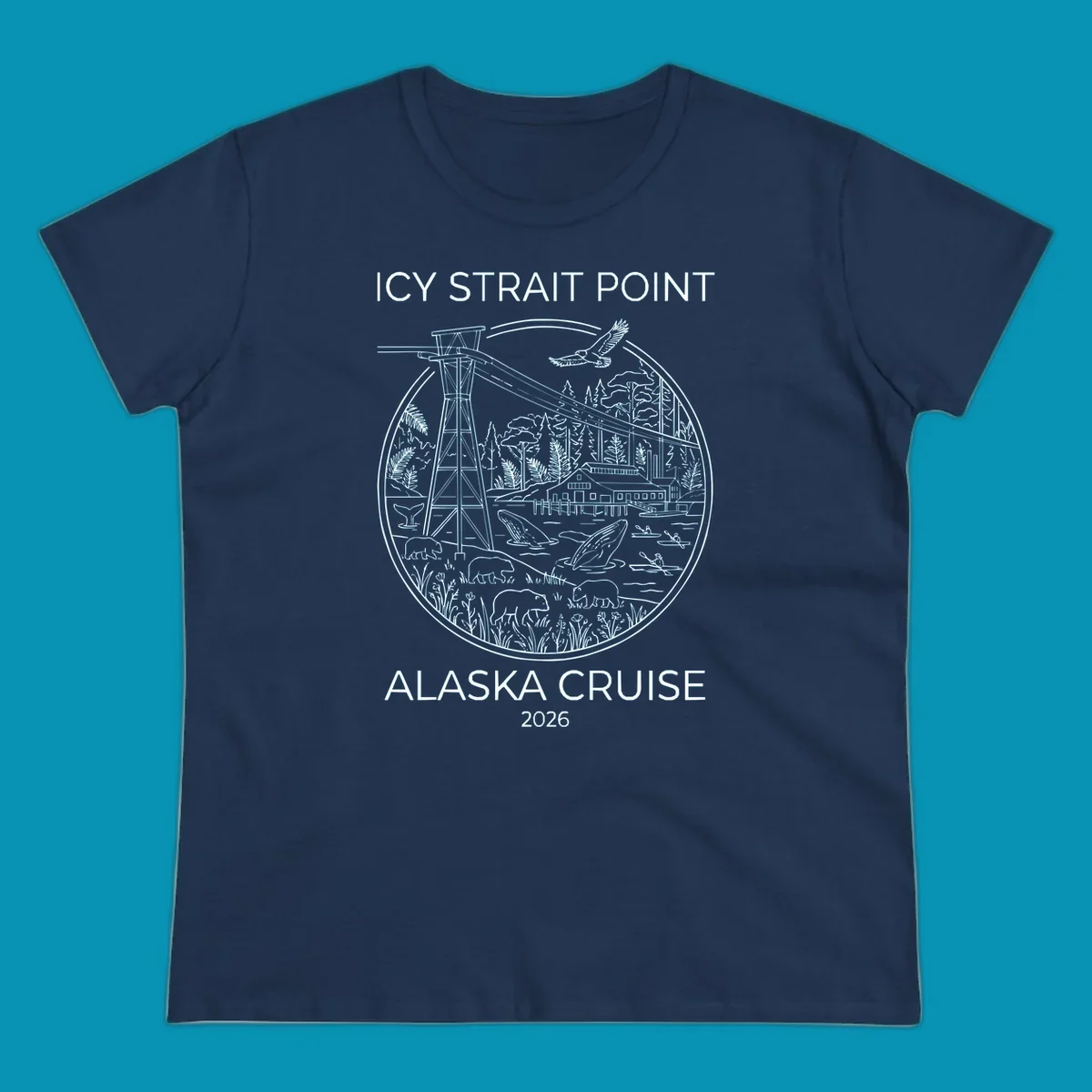 Circular line-art illustration of Icy Strait Point wildlife including lighthouse, bears, whales, bald eagle, kayakers, and forest landscape