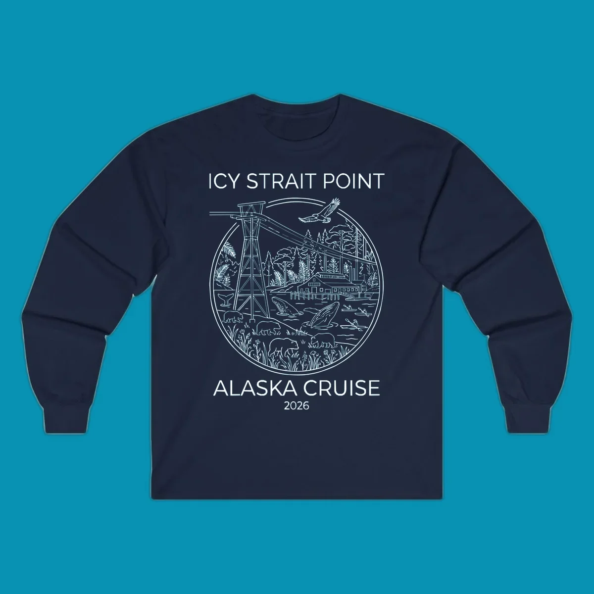 Circular line-art illustration of Icy Strait Point wildlife including lighthouse, bears, whales, bald eagle, kayakers, and forest landscape