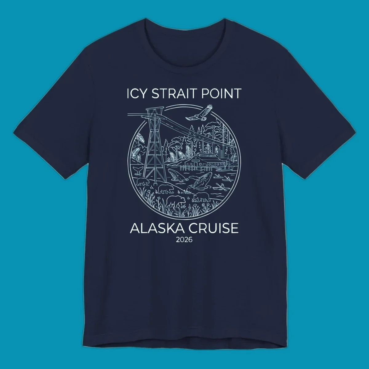 Circular line-art illustration of Icy Strait Point wildlife including lighthouse, bears, whales, bald eagle, kayakers, and forest landscape