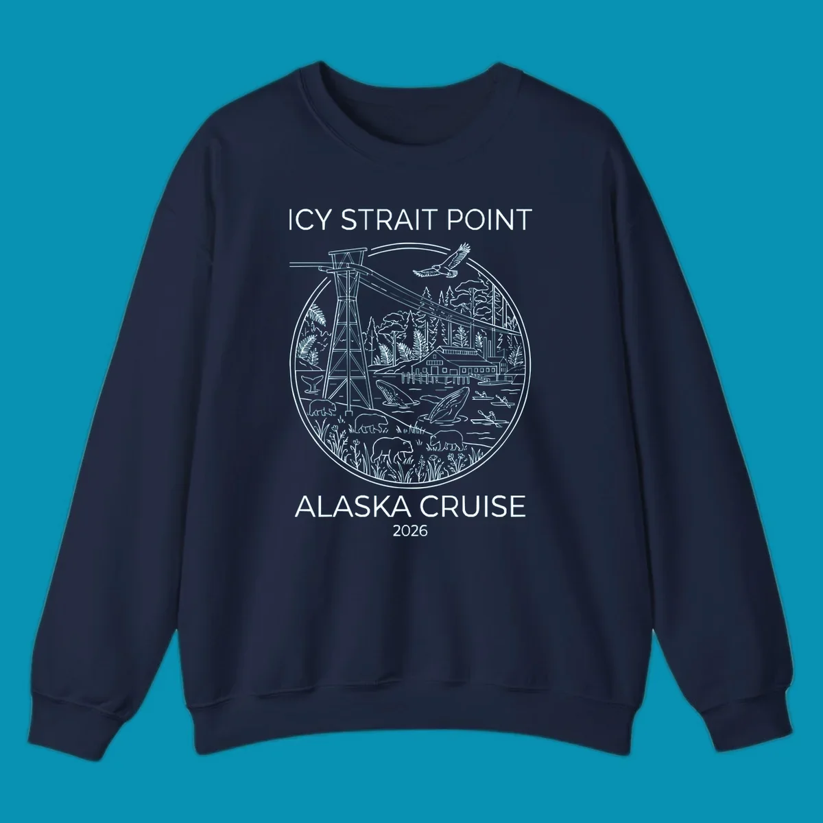 Circular line-art illustration of Icy Strait Point wildlife including lighthouse, bears, whales, bald eagle, kayakers, and forest landscape