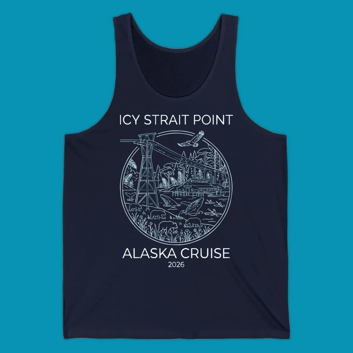 Circular line-art illustration of Icy Strait Point wildlife including lighthouse, bears, whales, bald eagle, kayakers, and forest landscape