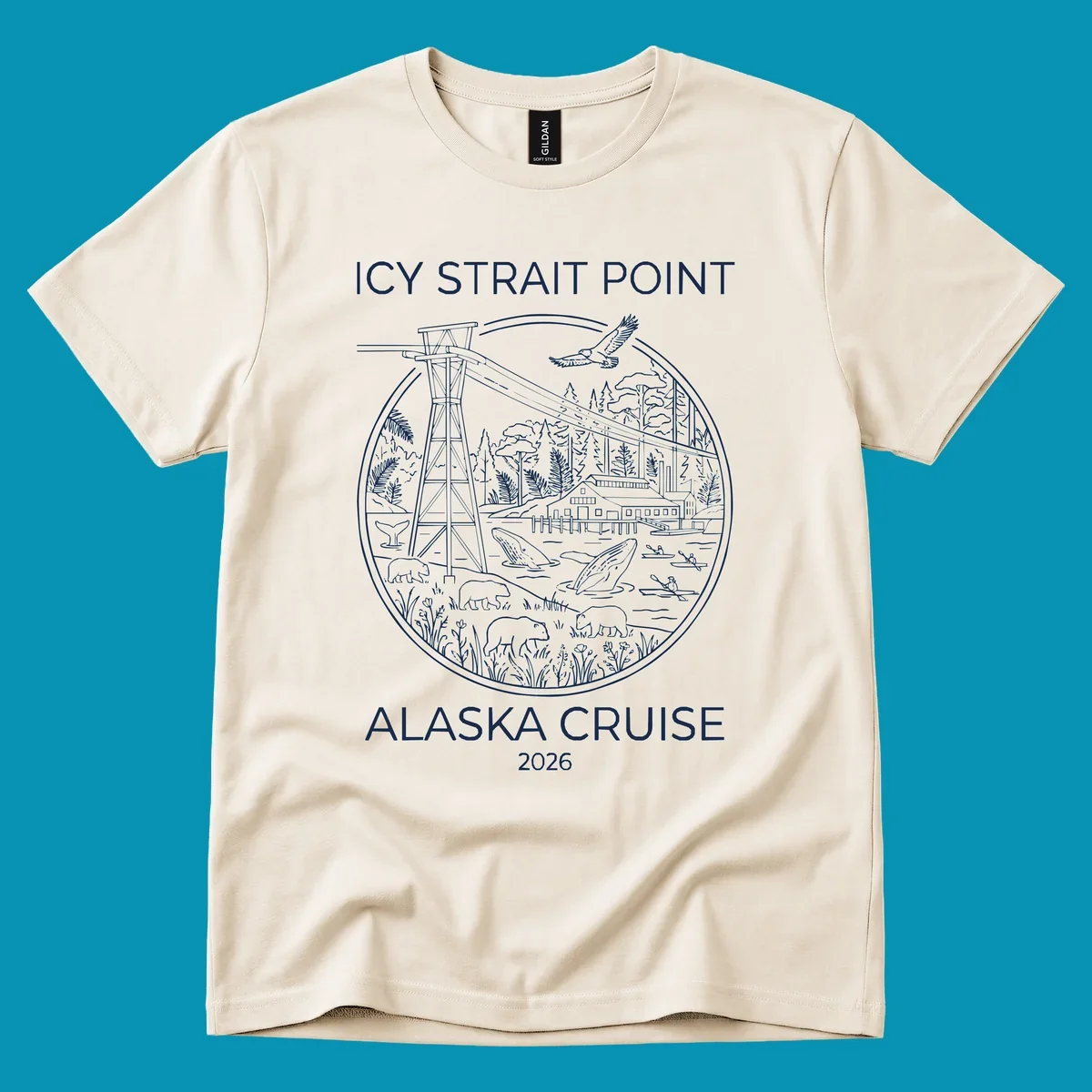 Circular line-art illustration of Icy Strait Point wildlife including lighthouse, bears, whales, bald eagle, kayakers, and forest landscape