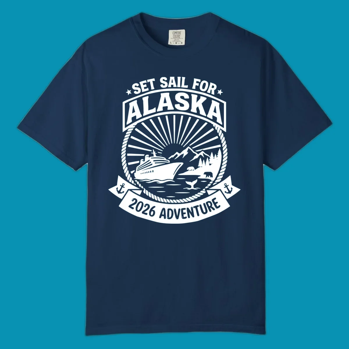 Set sail Alaska 2026 adventure badge with cruise ship, mountains, bears, whale tail, and nautical rope border design