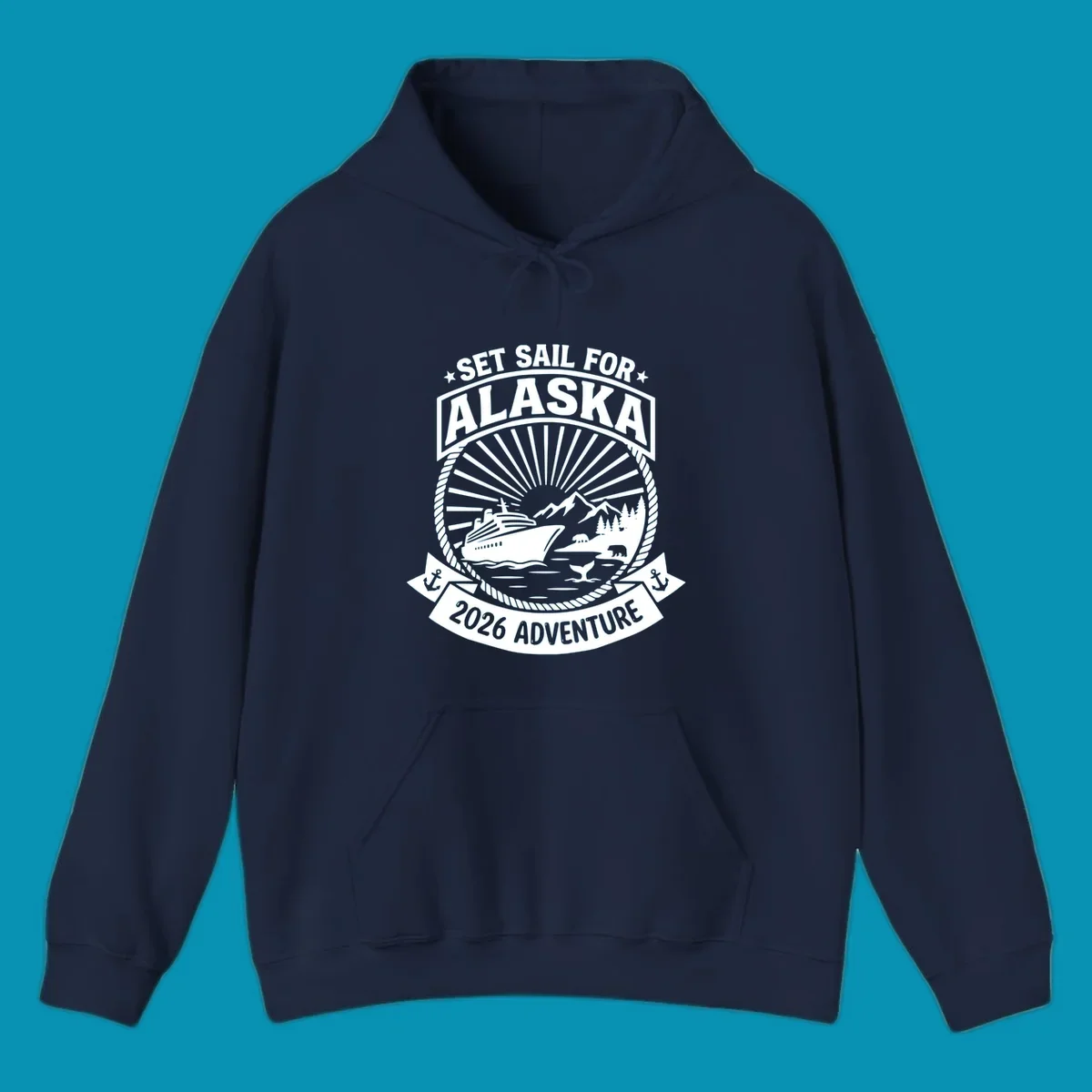 Set sail Alaska 2026 adventure badge with cruise ship, mountains, bears, whale tail, and nautical rope border design