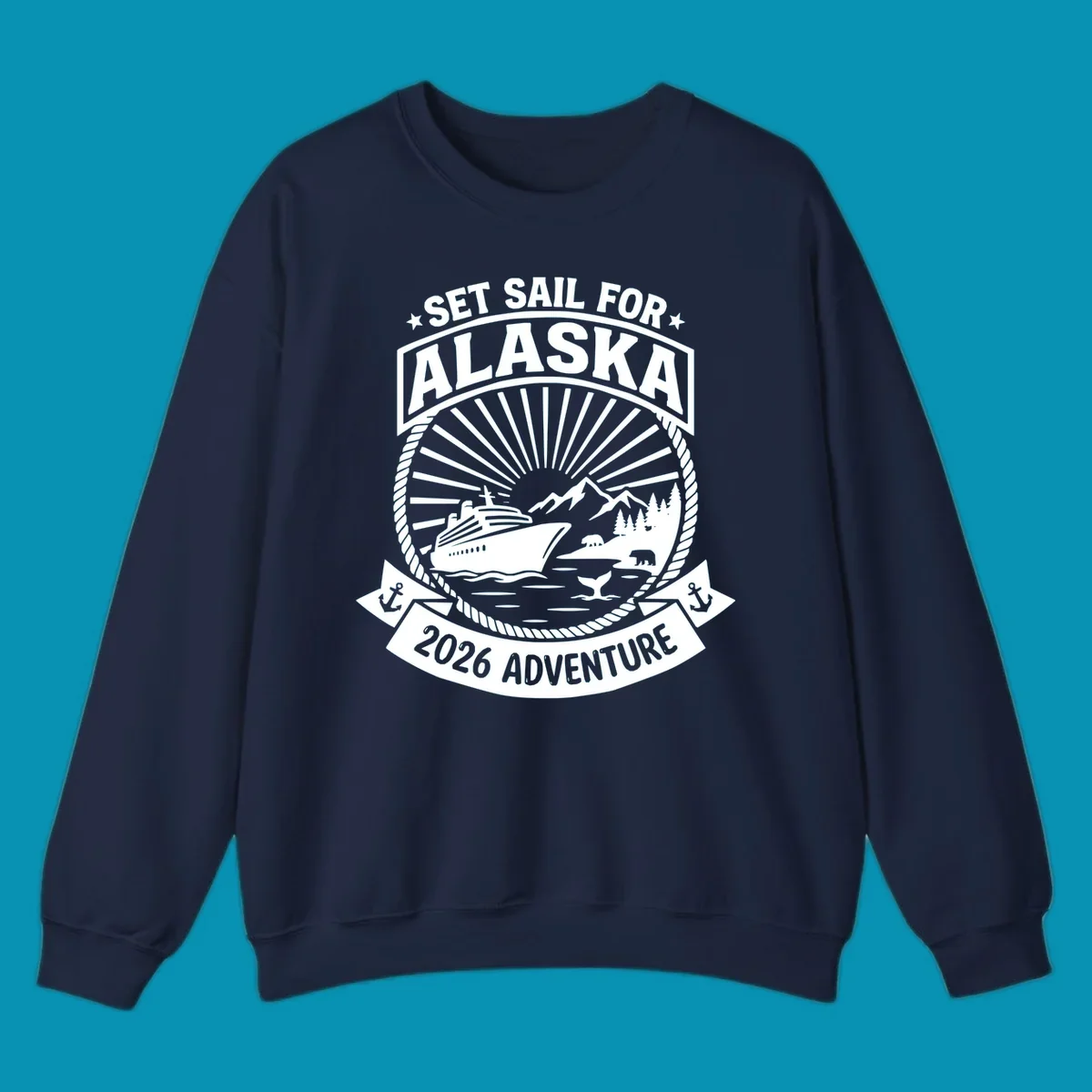 Set sail Alaska 2026 adventure badge with cruise ship, mountains, bears, whale tail, and nautical rope border design