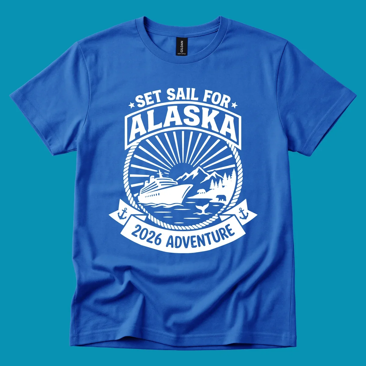 Set sail Alaska 2026 adventure badge with cruise ship, mountains, bears, whale tail, and nautical rope border design