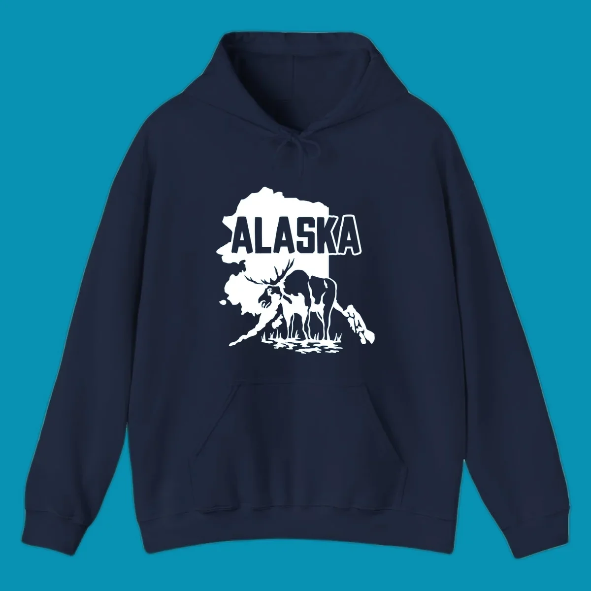 Alaska state map silhouette filled with moose, bear, and eagle wildlife illustrations with grass and water landscape elements