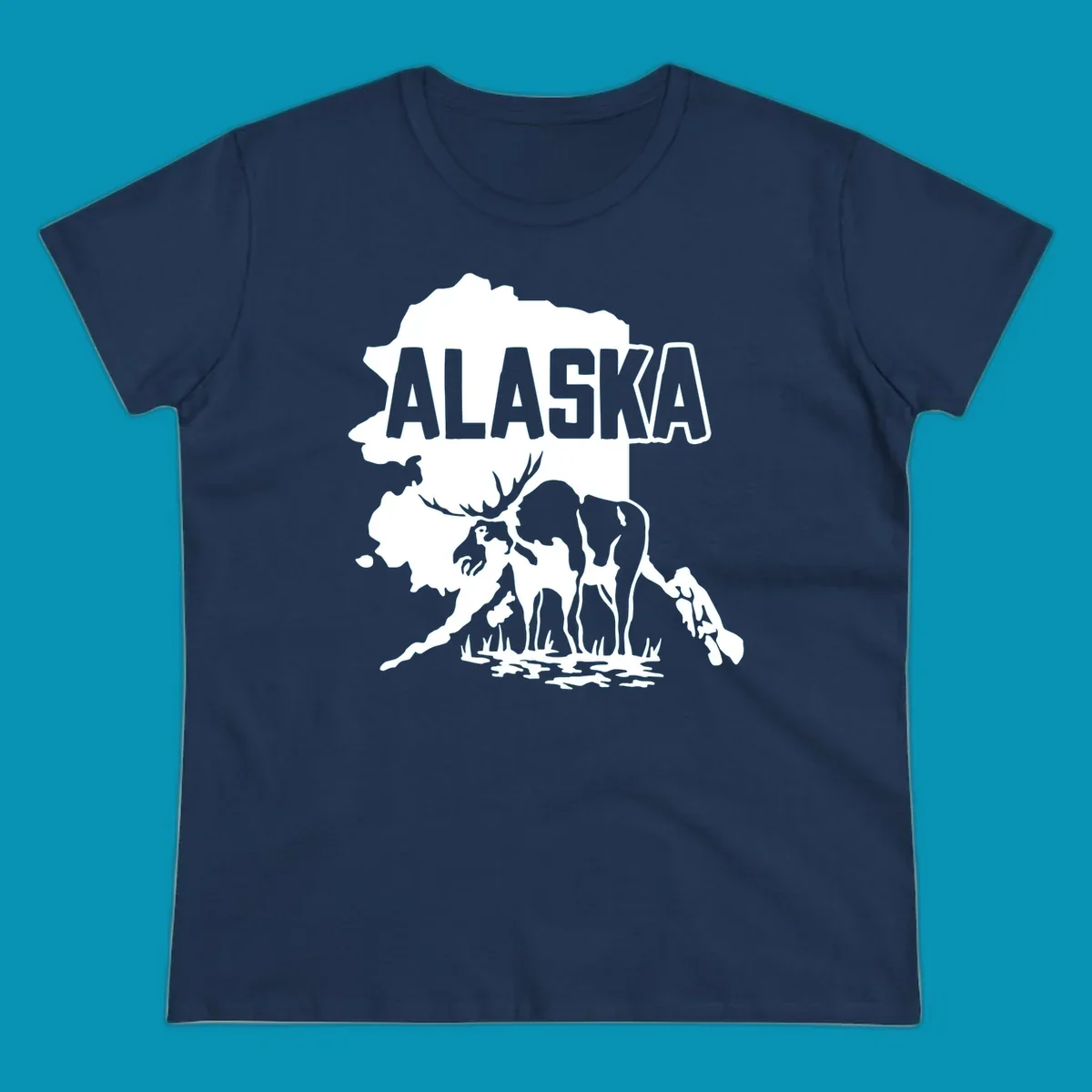 Alaska state map silhouette filled with moose, bear, and eagle wildlife illustrations with grass and water landscape elements