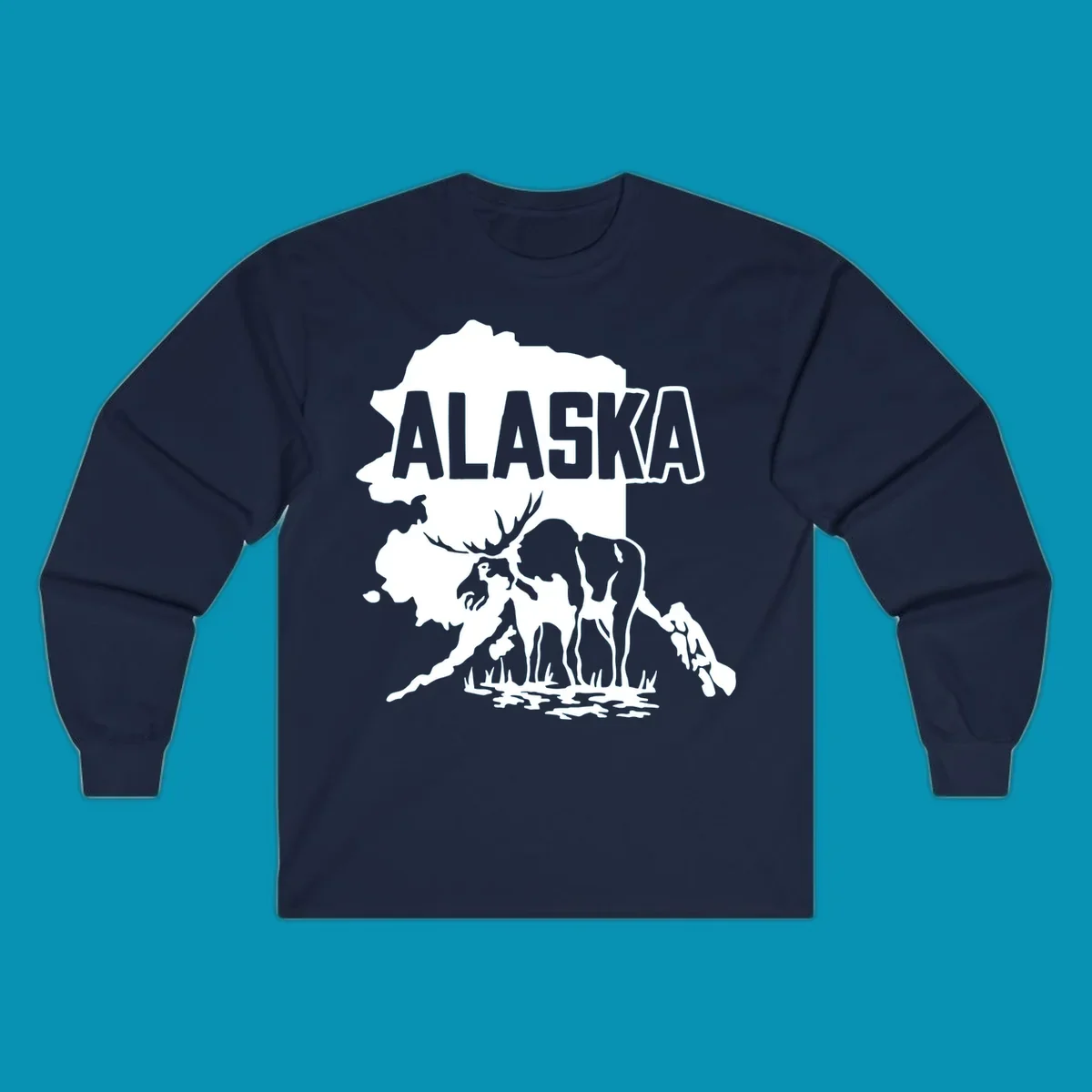Alaska state map silhouette filled with moose, bear, and eagle wildlife illustrations with grass and water landscape elements