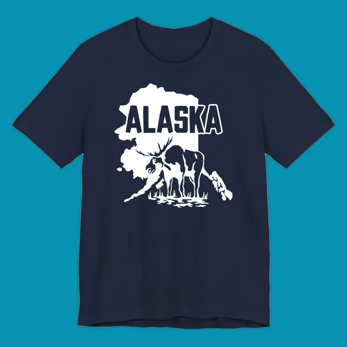 Alaska state map silhouette filled with moose, bear, and eagle wildlife illustrations with grass and water landscape elements