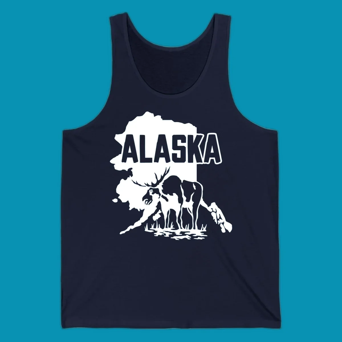 Alaska state map silhouette filled with moose, bear, and eagle wildlife illustrations with grass and water landscape elements