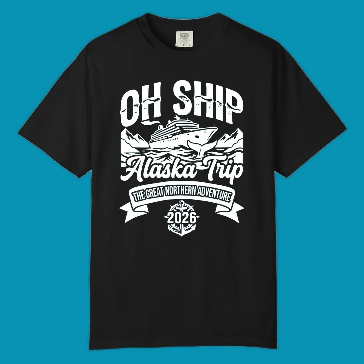 Vintage badge design with cruise ship, whale tail, and mountains for off-ship Alaska adventure trip apparel