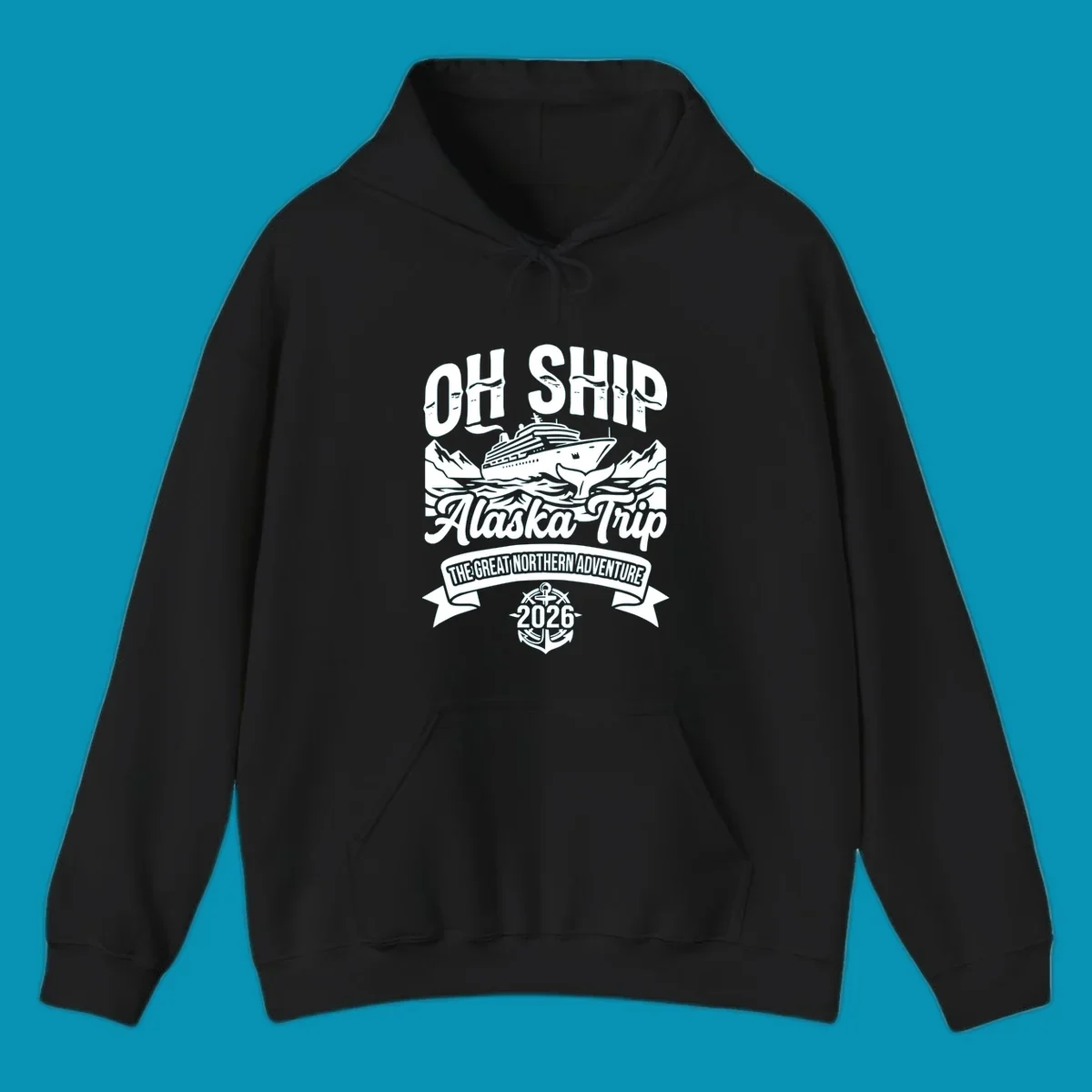Vintage badge design with cruise ship, whale tail, and mountains for off-ship Alaska adventure trip apparel