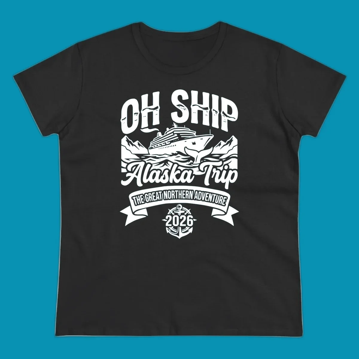 Vintage badge design with cruise ship, whale tail, and mountains for off-ship Alaska adventure trip apparel