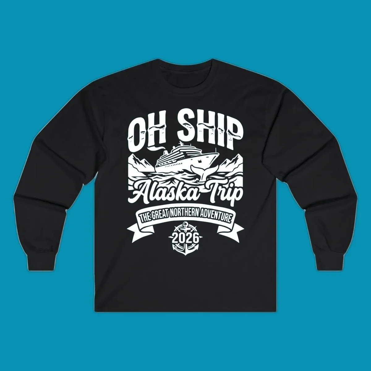 Vintage badge design with cruise ship, whale tail, and mountains for off-ship Alaska adventure trip apparel